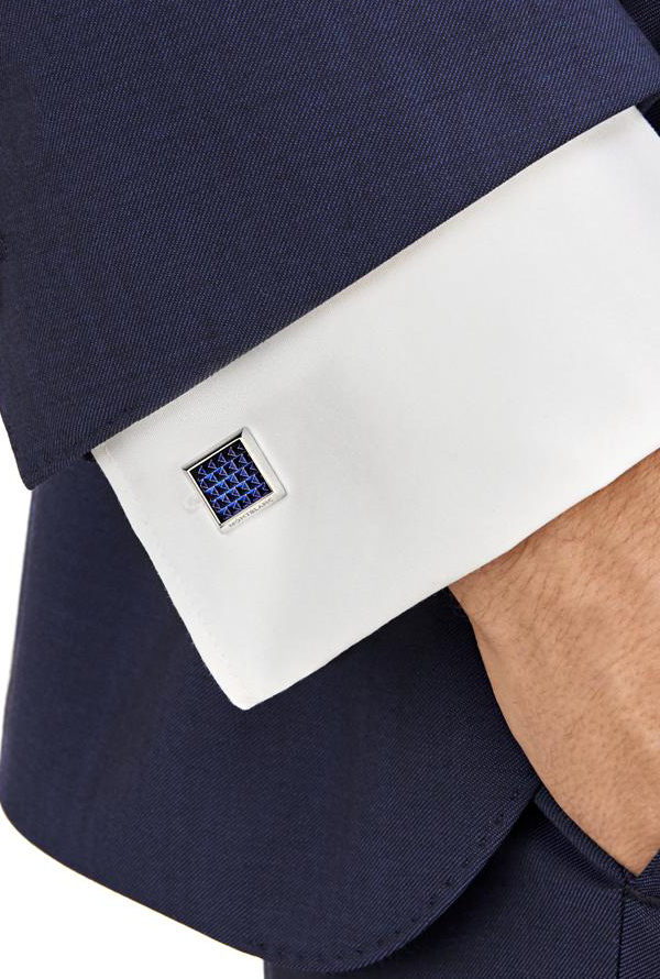 Cufflinks, rectangular in stainless steel with blue patterned inlay