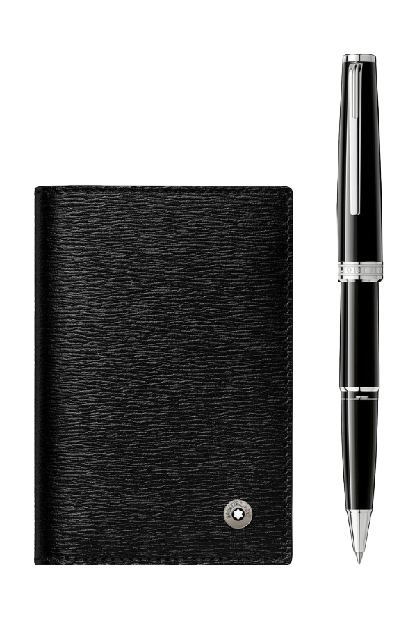 Montblanc Gift Set With PIX Black Rollerball Pen And Westside Business Card Holder With V Gusset – Black