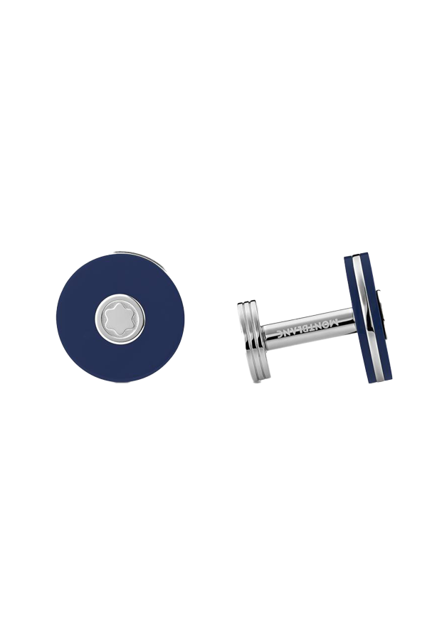 Cufflinks, round in stainless steel with blue resin